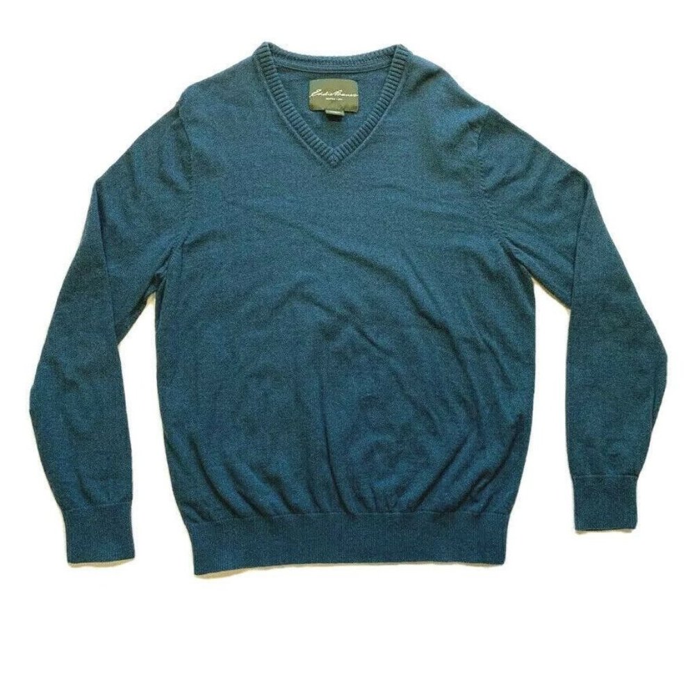 Eddie Bauer Cotton Cashmere Blend Sweater Pullover Ribbed V Neck Blue‎ Tall TXL